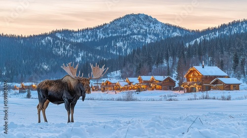 Wallpaper Mural Majestic Moose in Winter Wonderland: A Serene Mountain Lodge Scene Torontodigital.ca