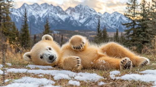 Adorable Polar Bear Cub Playing in Snowy Mountain Landscape