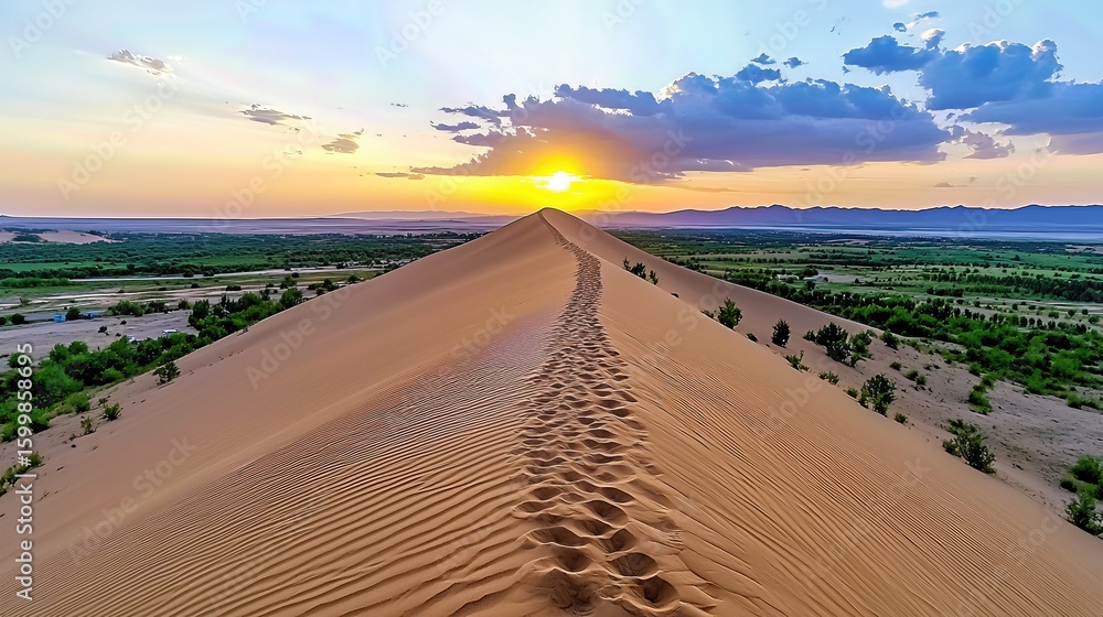 Fototapeta premium Golden Sand Dune Sunset Landscape Aerial View