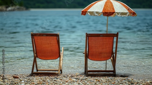 Tranquil Beach Scene: Two Deck Chairs Await Under a Striped Beach Umbrella