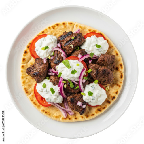 Wallpaper Mural Overhead View of a Delicious Meal with Grilled Meat Tomatoes Red Onions White Sauce on a Pita Bread Placed on a White Round Plate Against Transparent Background Torontodigital.ca