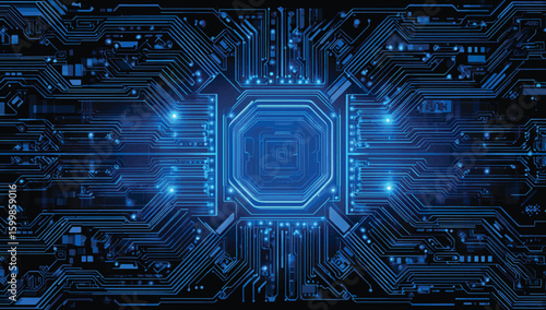 Blue circuit background with a blue holographic sign in the center