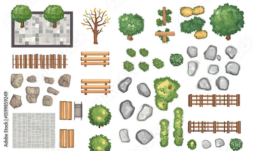 Top view vector set of stone rocks wooden fences benches green bushes trees and paved surfaces for city landscape design and outdoor planning elements collection