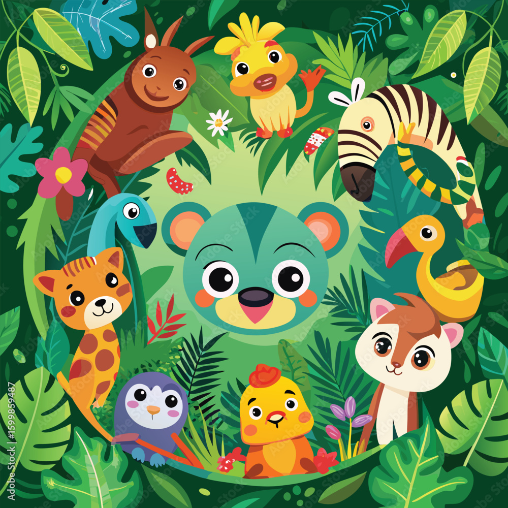 Naklejka premium Funny cartoon animal vector set with cute baby birds, cats, dogs, and monster characters for a seamless zoo pattern design