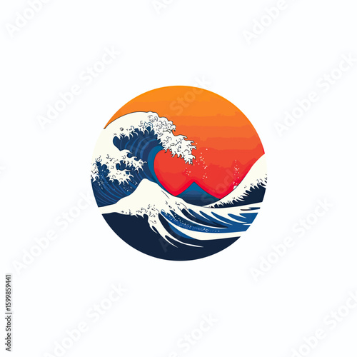 Minimalist Japanese wave logo with Mount Fuji silhouette and vibrant red orange sunset circle background vector illustration design