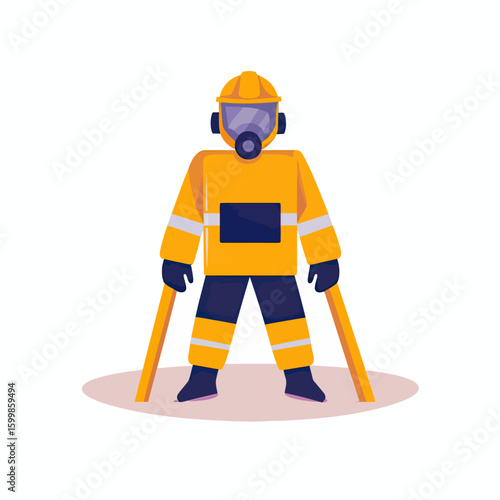Worker in full hazmat safety suit with helmet gas mask and gloves holding orange safety rods standing isolated on white background vector illustration