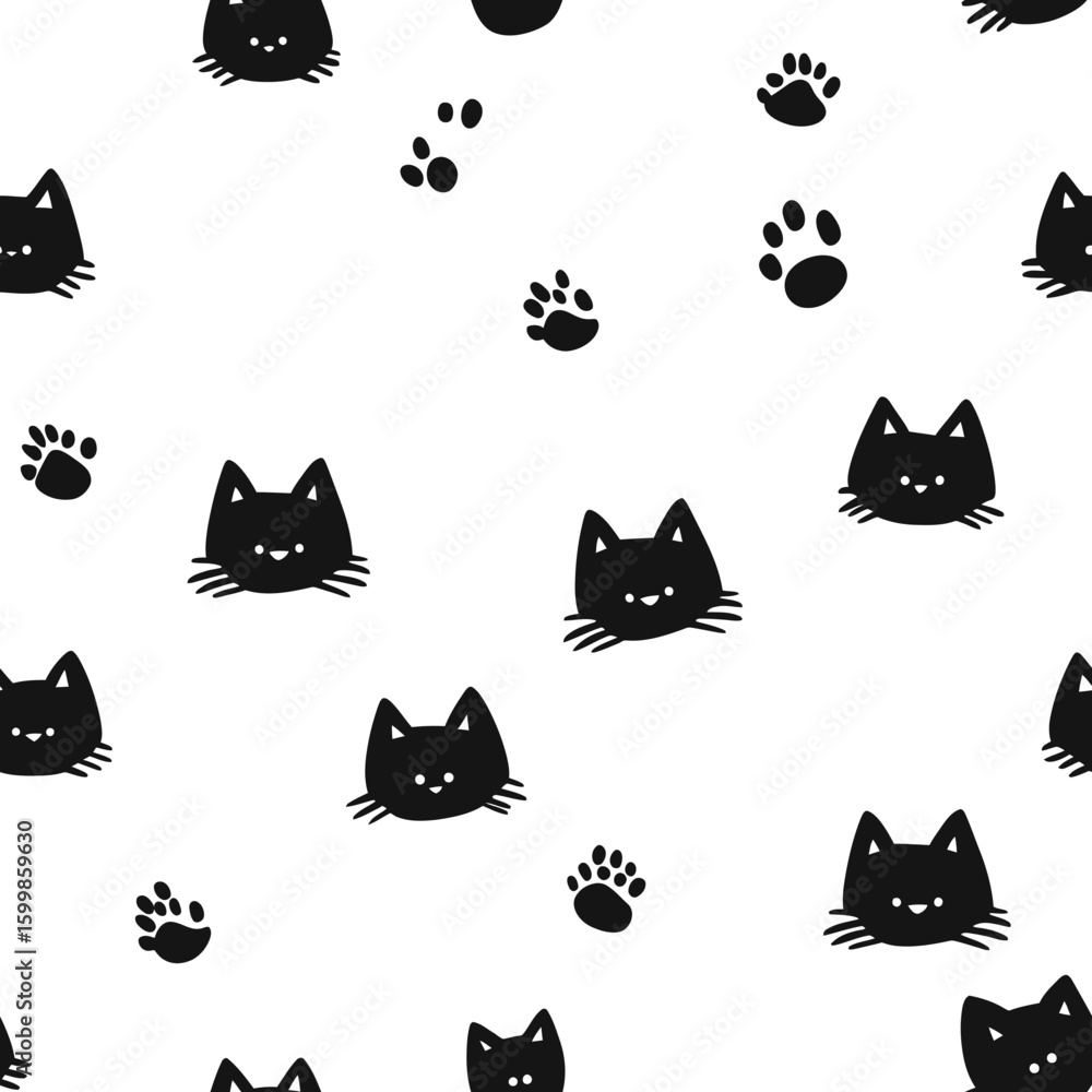 Seamless pattern of black cat faces and paw prints on white background hand drawn sketch style cute pet design vector illustration for textile wrapping paper and wallpapers Seamless pattern of black cat faces and paw prints on white background hand drawn sketch style cute pet design vector illustration for textile wrapping paper and wallpapers