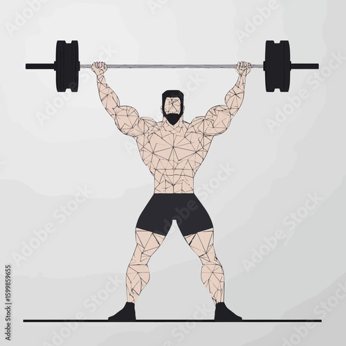 Strong muscular male weightlifter lifting heavy barbell overhead geometric polygonal vector illustration in minimalist flat style