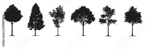 Set of six different tree silhouettes with unique shapes and dense foliage in minimalist black vector style on white background for nature and environment concept design