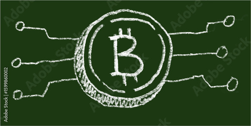 Chalk hand-drawn bitcoin symbol on green chalkboard background. Simple doodle vector representing cryptocurrency, blockchain, digital money, trading, finance, investment, and virtual currency.