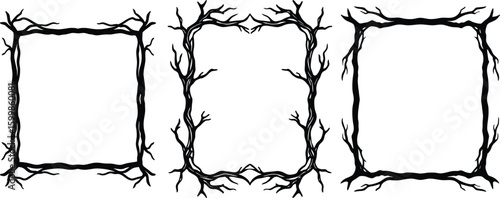 Vector art of three unique black and white square frames made from twisted tree branches and roots perfect for a spooky or rustic design