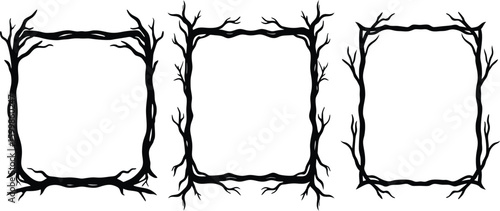 Vector art of three unique black and white square frames made from twisted tree branches and roots perfect for a spooky or rustic design