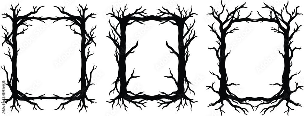 Fototapeta premium Vector art of three unique black and white square frames made from twisted tree branches and roots perfect for a spooky or rustic design