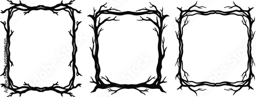 Vector art of three unique black and white square frames made from twisted tree branches and roots perfect for a spooky or rustic design