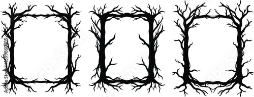 Vector art of three unique black and white square frames made from twisted tree branches and roots perfect for a spooky or rustic design