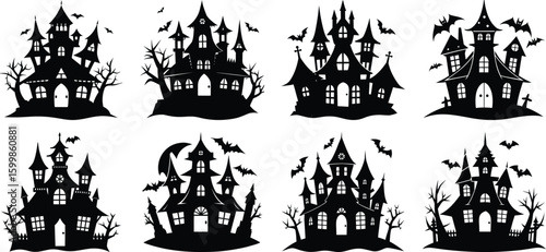 Vector art of a collection of eight distinct haunted house and castle silhouettes each featuring gothic architectural details bats and spooky