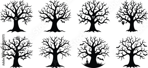 Vector art of a collection of eight silhouetted bare trees each with intricate branches and a spooky gnarled appearance some featuring bats