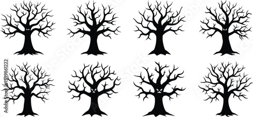 Vector art of a collection of eight silhouetted bare trees each with intricate branches and a spooky gnarled appearance some featuring bats