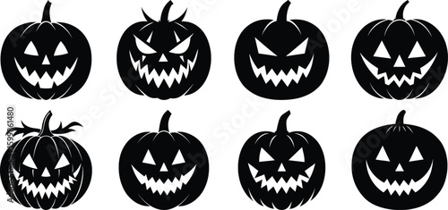 Vector art of a set of eight black silhouetted pumpkins carved with various scary and menacing faces perfect for halloween decorations