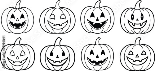 Vector art of a collection of eight outline drawings of pumpkins carved with various happy and smiling faces suitable for halloween crafts