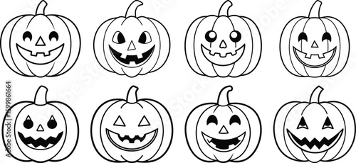 Vector art of a collection of eight outline drawings of pumpkins carved with various happy and smiling faces suitable for halloween crafts
