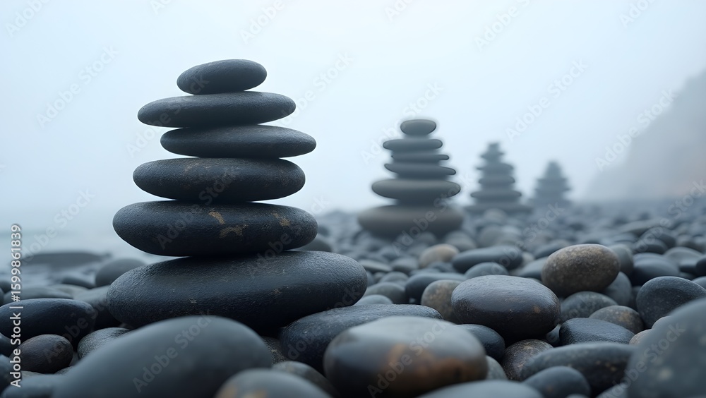 Serene stacks of smooth, dark stones perfectly balanced on a pebble beach, shrouded in soft mist, evoking a sense of peace, meditation, and natural harmony. Serene stacks of smooth, dark stones perfectly balanced on a pebble beach, shrouded in soft mist, evoking a sense of peace, meditation, and natural harmony.