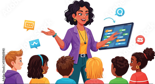 A vibrant illustration showcases a teacher with a tablet instructing a diverse group of children, highlighting education, technology, and communication in a modern learning environment.