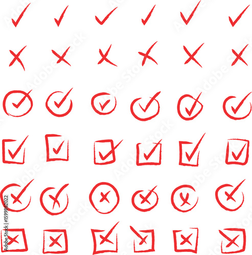 Check marks doodles. Vote, yes, no, checkbox, checklist, tick and cross signs, set of check mark  concept. Hand drawn doodle sketch style vector illustration