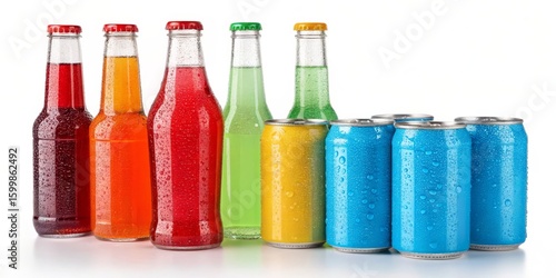 Colorful Soda Bottles and Cans, Condensation, Rainbow Drinks, Refreshing Beverage, Summer Drinks Refreshing Beverage, Summer Drinks