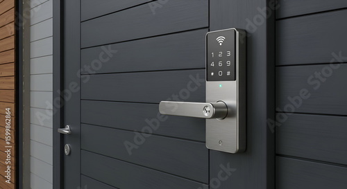 Modern smart door lock with keypad and lever handle on a dark gray exterior door. Close-up of a contemporary home security system with various modern building materials.