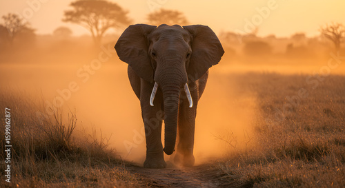 Majestic African Elephant Walking Through Dust at Sunset