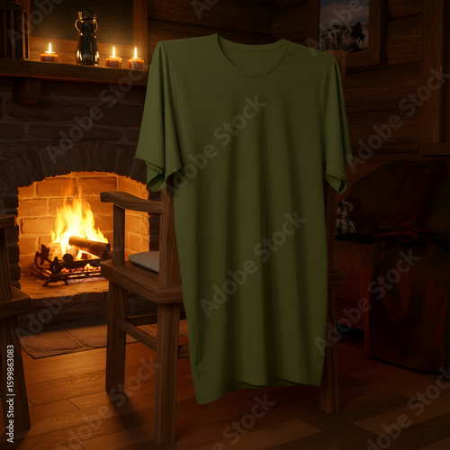 Olive green blank t-shirt hanging by fireplace in rustic cabin. Stylish casual garment displayed in cozy wooden cabin setting.