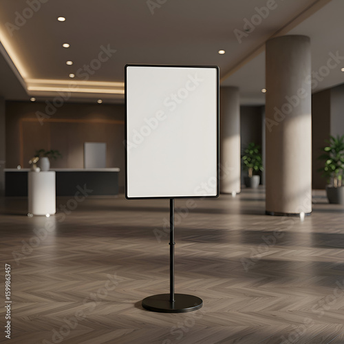 Empty black metal display stand in a modern lobby. Empty signboard for advertising or information in a business center.