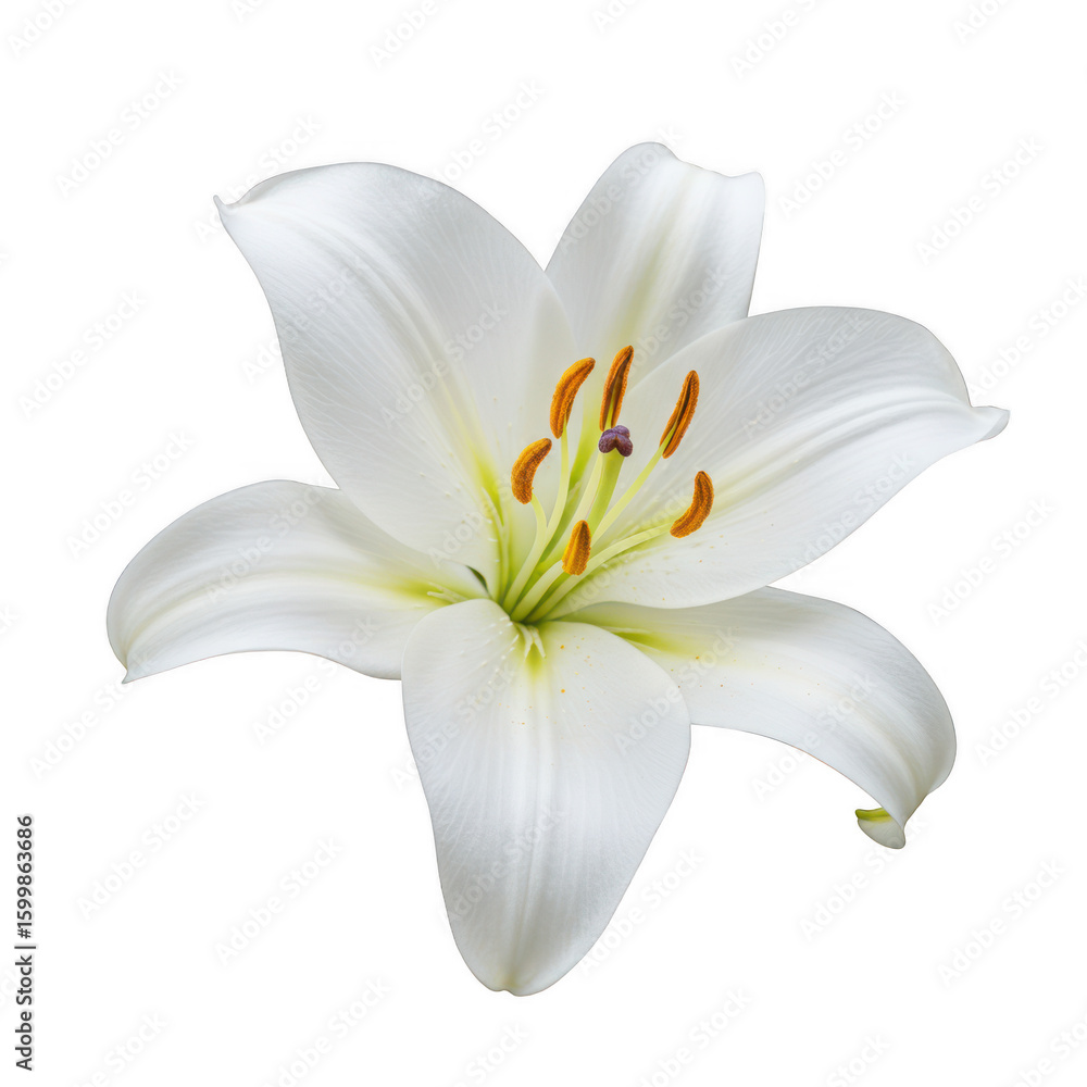 Obraz premium A pristine white lily with delicate petals and golden stamens isolated on transparent background