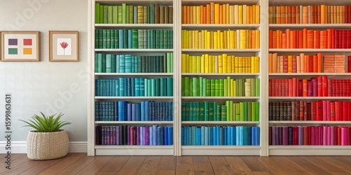 Rainbow Bookshelf Color-Coded Library, Interior Design, Home Decor, White Bookcase rainbow library, bookshelf organization