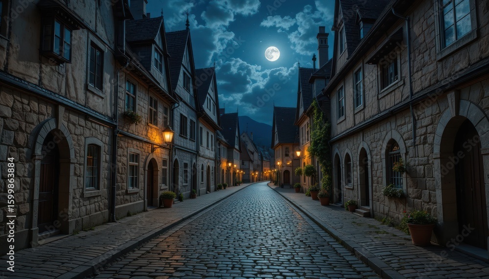 Fototapeta premium Moonlit Medieval Street: A Serene Night in a Cobblestone Town