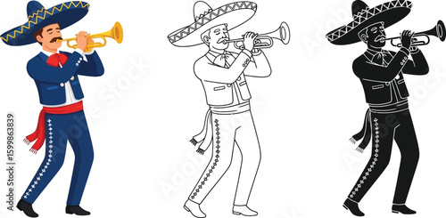 Mariachi musician playing trumpet vector illustration mexican culture cinco de mayo celebration design vector
