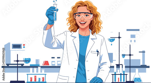 A smiling woman scientist in a lab coat holds a test tube with blue liquid, showcasing research and experimentation in a laboratory setting for scientific discovery.