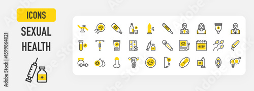 Sexual health icons. Penis, Workout, Ovulation Test, Ultrasound, No Alcohol, Spermicide, Doctor, Broken Condom, Vagina, Tampon, Hiv, Medicine, Menstrual Cup vector stroke illustration.	
