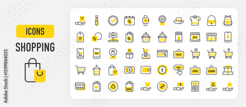 Shopping icons. Badge, Location Pin, Tie, Shopping Bag, Pay, Shopping Cart, Mobile Phone, Add To Cart, Shopping Bag, Wallet, Money, Download, Sale, Buy vector stroke illustration.	
