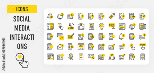 Social media interactions icons. Analytics, Post, Star Rating, Comment, Message, Biography, Video, Tag, Angry Face, Love, Share, Error, Comment vector stroke illustration.	
