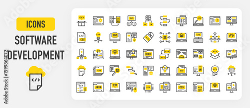 Software development icons. Soc, Flow Chart, Optimization, Layer, Workflow, Responsive, Alert, Drivers, Merge, Quality, Malware, Hierarchical Structure vector stroke illustration.	
