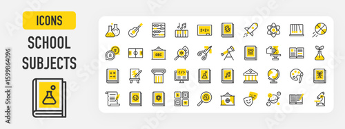 School Subjects icons. Performing, Politics, Keyboard, Biology, Psychology, Coding, Astronomy, Mathematics, History, Canvas, Geography, vector stroke illustration.	
