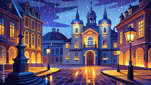 Nocturnal urban scene with a Baroque mansion in Prague glowing under streetlamps, cobblestones shining in the rain