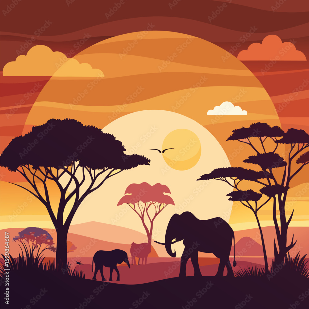 Obraz premium Elephant family silhouettes against an orange savanna sunset, wild nature's summer landscape