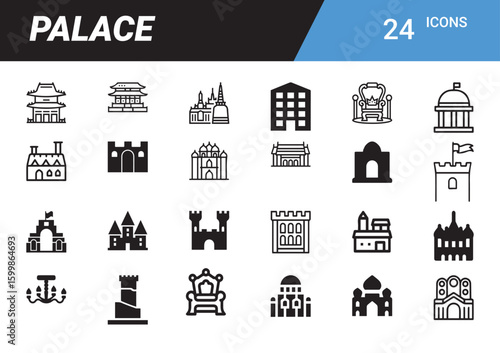 Palace Icons: A comprehensive collection of meticulously crafted palace icons. Each icon symbolizes the elegance and grandeur of palaces across various architectural styles and cultures.