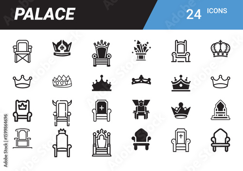 Royal Icons: A collection of 24 meticulously crafted icons symbolizing the grandeur of royalty, depicting crowns and thrones in a versatile array of styles for various design applications.
