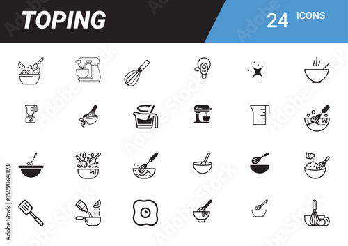 Topping Icon Set: A meticulously crafted collection of 24 minimalist icons, showcasing a range of culinary tools and ingredients related to topping food, perfect for diverse applications