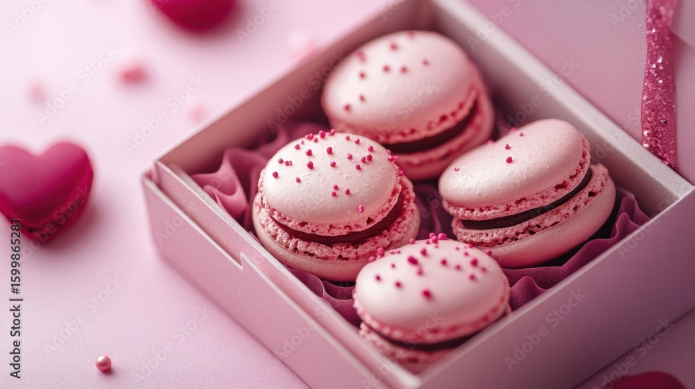 Obraz premium Macarons in heart shape in gift box isolated on pink background,events,aniversary festival gift set,french macaron cookies,trendy 2025,couple valentine Romantic love or pastry shop.
