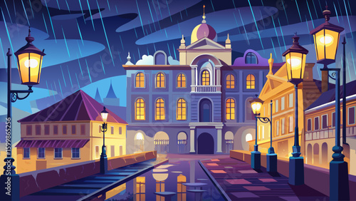 Nocturnal urban scene with a Baroque mansion in Prague glowing under streetlamps, cobblestones shining in the rain